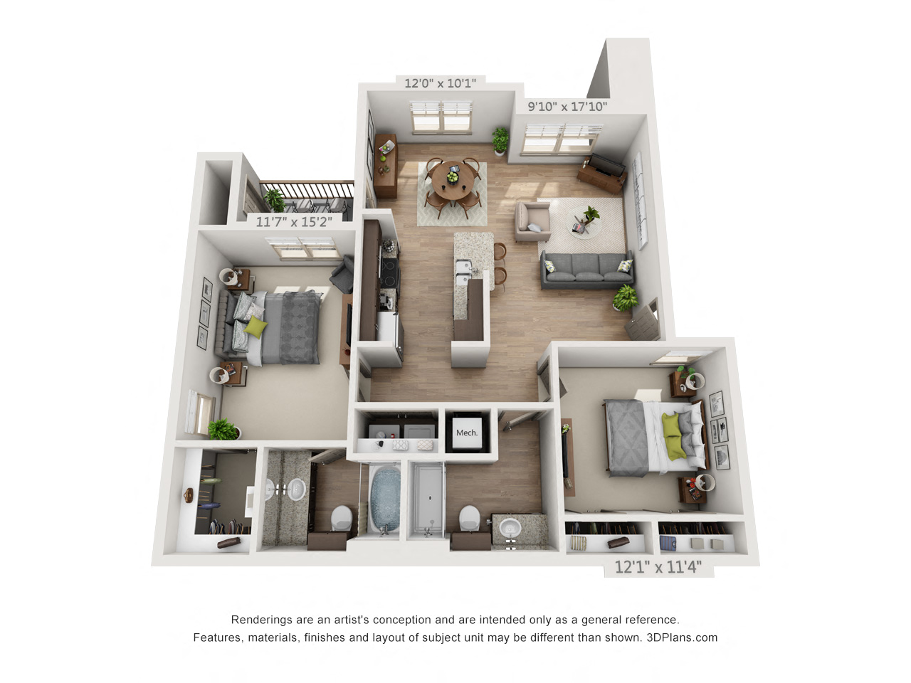 Floor plan for 2 beds, 2 baths, 1035 sqft